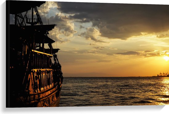 Canvas - Water - Zee - Boot - Schip - Zonsondergang - 90x60 cm Foto op Canvas Schilderij (Wanddecoratie op Canvas)