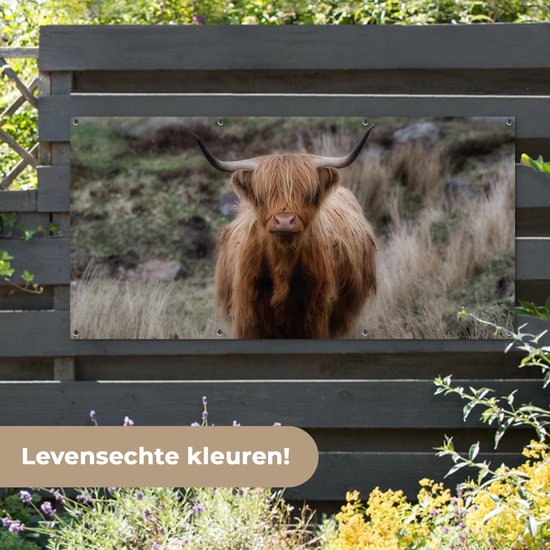 Décoration murale d'extérieur Scottish Highlander - Mousse - Herbe - 160x80 cm - Toile de jardin - Poster extérieur