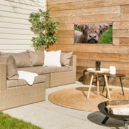 Affiche de jardin Scottish Highlander - Herbe - Forêt - 60x30 cm - Toile de jardin - Affiche extérieure