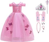 Het Betere Merk - Prinsessenjurk meisje - Roze vlinders - Verkleedkleren meisje - Maat 122/128(130) - Toverstaf - Kroon - Tiara - Juwelen - Roze handschoenen - Roze jurk - Carnavalskleding kinderen - Kleed