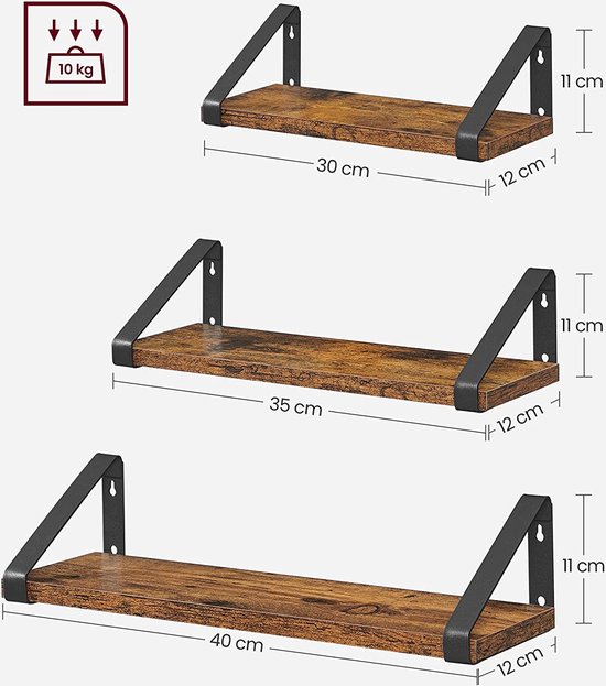 wandplank in industrieel ontwerp, zwevende plank, set van 3, wandmontage, stabiele plank voor presentatie, voor woonkamer, badkamer, keuken, vintage LWS33BX - Merkloos