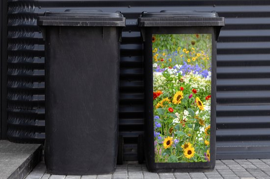 Zwarte kliko met een afbeelding van zonnebloemen, klaprozen en blauwe bloemen.