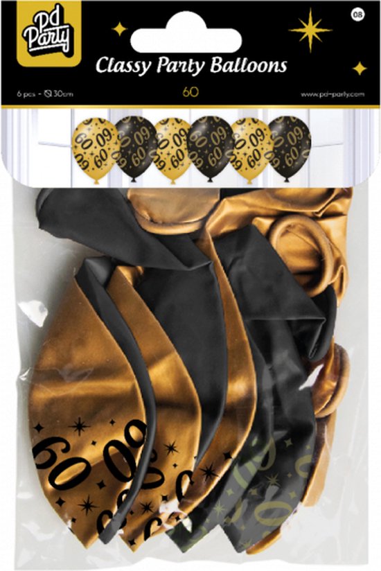 Verpakking met zes 'Classy Party Balloons' in zwart en goud met '60' print.