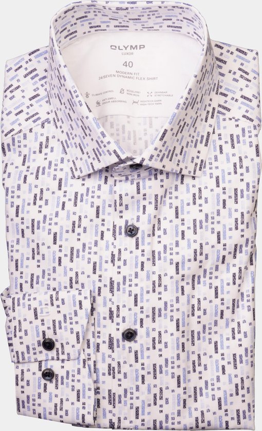 OLYMP 24/7 modern fit overhemd - twill - wit met blauw dessin - Strijkvriendelijk - Boordmaat: 45