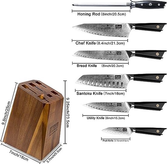 SHAN ZU Ensemble de blocs de couteaux Damas série GYO, 5 couteaux et 1  acier à aiguiser avec bloc de couteaux en bois cylindrique : :  Cuisine et Maison