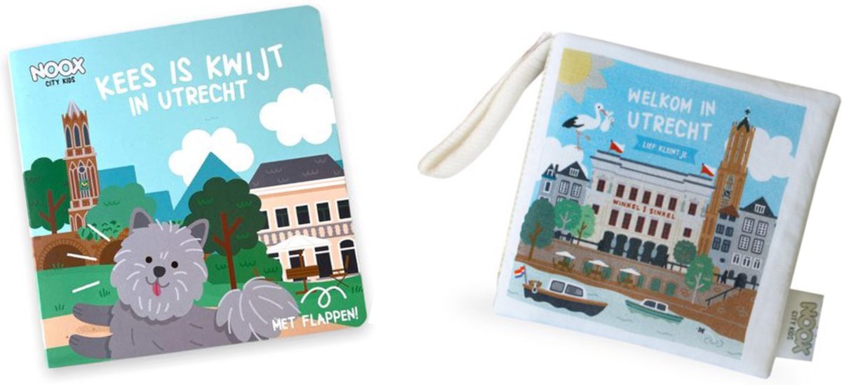 Goedkoopste Combideal Utrecht met zacht babyboekje & Kartonboek 'Kees is kwijt in Utrecht' - 100 katoen - fairly made - duurzaam en origineel kraamcadeau