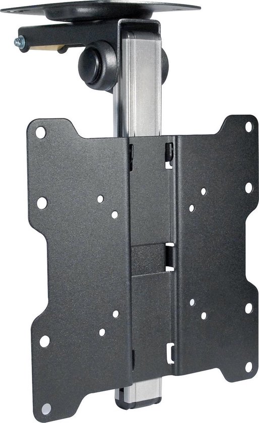 Zwarte, verstelbare TV-plafondbeugel met een aluminium paal en een metalen ophangsysteem.
