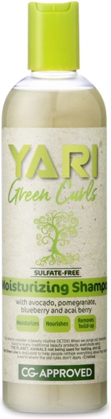 YARI Green Curls Moisturizing Shampoo, flacon blanc avec bouchon vert, pour hydrater les cheveux ondulés.
