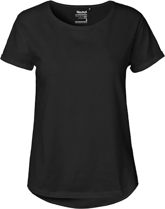 T-Shirt Femme Manches Roulées Col Rond Noir - XXL