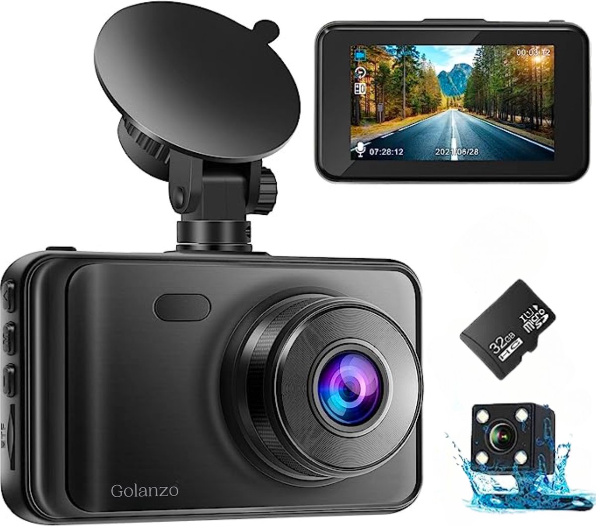 Golanzo Dual Dashcam voor auto – 2023 -Full HD 1080P & 720P - Voor en Achter Camera – Ingebouwde batterij - Nachtzicht - 3 Inch scherm – 24 uur Parkeerbewaking - G Sensor - Loop opname - Full HD – 170° Wijdhoeklens – Met 32 GB Micro SD Kaart