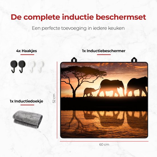 KitchyMist Inductie Beschermer 60x52 cm - Olifanten Familie in de Savanne bij Zonsondergang - Kookplaat Beschermer - Afdekplaat voor Kookplaat - Inductie Mat - Spatscherm Achterwand Keuken