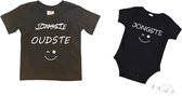 2-pack - T-shirt "Oudste"- Grote broer/zus T-shirt - (maat 110/116) & Soft Touch Romper "Jongste" Zwart/wit maat 56/62 set van 2