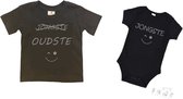 2-pack - T-shirt "Oudste"- Grote broer/zus T-shirt - (maat 98/104) & Soft Touch Romper "Jongste" Zwart/grijs maat 56/62 set van 2