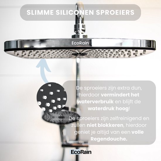 Close-up van een grote vierkante douchekop met dunne siliconen sproeiers, met tekst over waterbesparing en zelfreinigende functie.