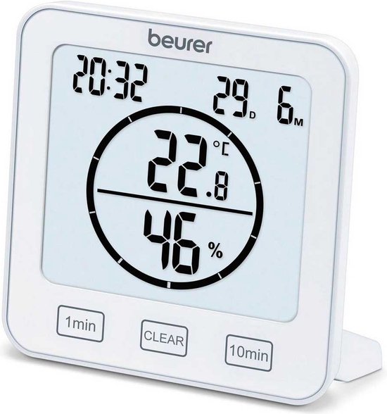 Foto: Beurer hm 22 thermo hygrometer datum tijd keukenwekker thermometer luchtvochtigheid timer binnen 3 jaar garantie wit