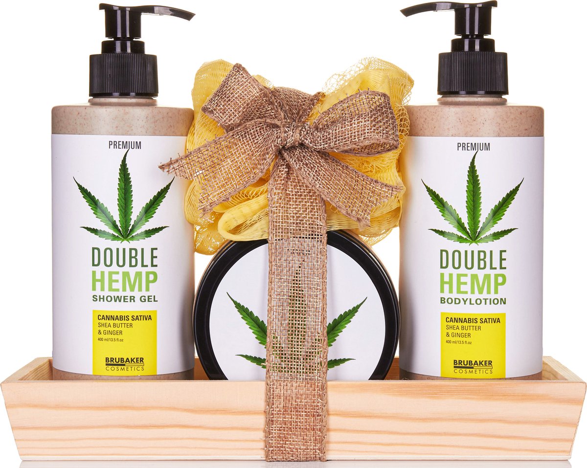 Goedkoopste BRUBAKER Cosmetica Hennepzaadolie Douche- en Verzorgingsset - Sheaboter & Gember - Cadeautip Vrouw - Cadeau Idee-met Houten dienblad