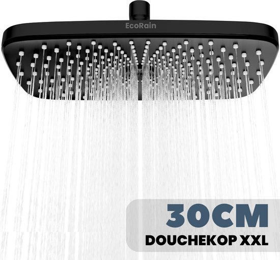 EcoRain – Regendouchekop XL 30 CM – Waterbesparende Douchekop – Hoge Druk – Rechthoekig – Groot – Regendouche - Zwart
