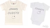 2-pack - T-shirt "Oudste"- Grote broer/zus T-shirt - (maat 86/92) & Soft Touch Romper "Jongste" Wit/grijs maat 56/62 â€“ set van 2