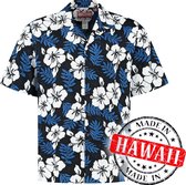 Hawaii Blouse Mannen - Shirt - Hemd - 100% Katoen - Overhemd Heren Korte Mouw - Made in Hawaii "Sierlijke Bloemen Blauw" Maat S