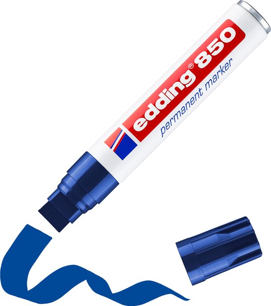 Blauwe edding 850 permanente marker met dop en blauwe inktspoor