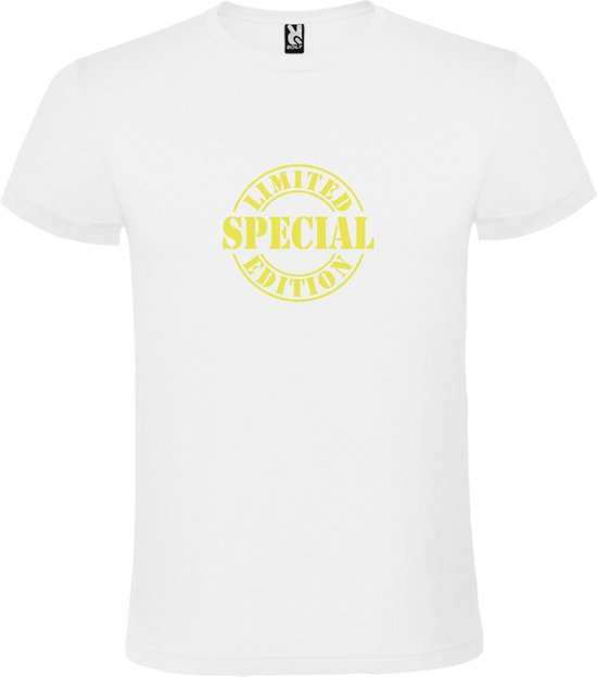 Wit T-Shirt met “Special Limited Edition “ Afbeelding Neon Geel Size L