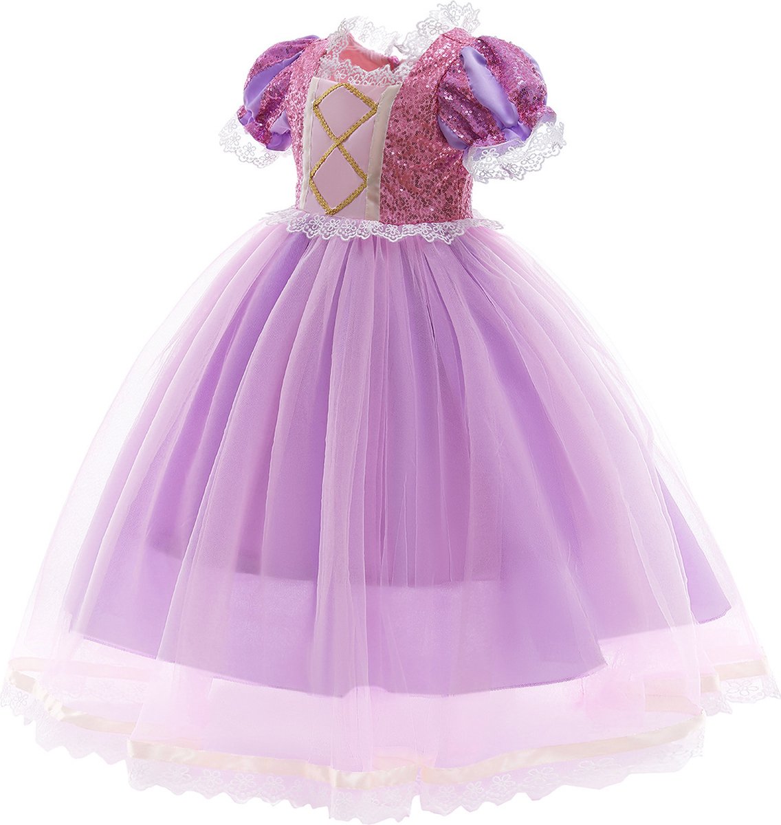 Joya Kids® Paarse Prinsessenjurk meisje | Verkleedjurken meisjes | Prinses met Lange Vlecht jurk Roze en Paars | Met Kroon en Toverstaf | (110) — afbeelding 4