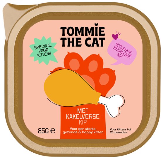 Foto: Tommie the cat kattenvoer natvoer kitten verse pat kip voordeel verpakking 19 stuks 85 gram per stuk zonder suiker en graanvrij
