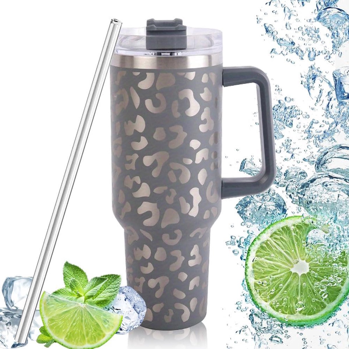 Thermobeker met rietje en handvat, thermobeker koffie to go met handvat, dubbelwandig, roestvrij staal, vacuüm isolatiebeker, 1200 ml, autobeker, reisbeker, geïsoleerde koffiebeker