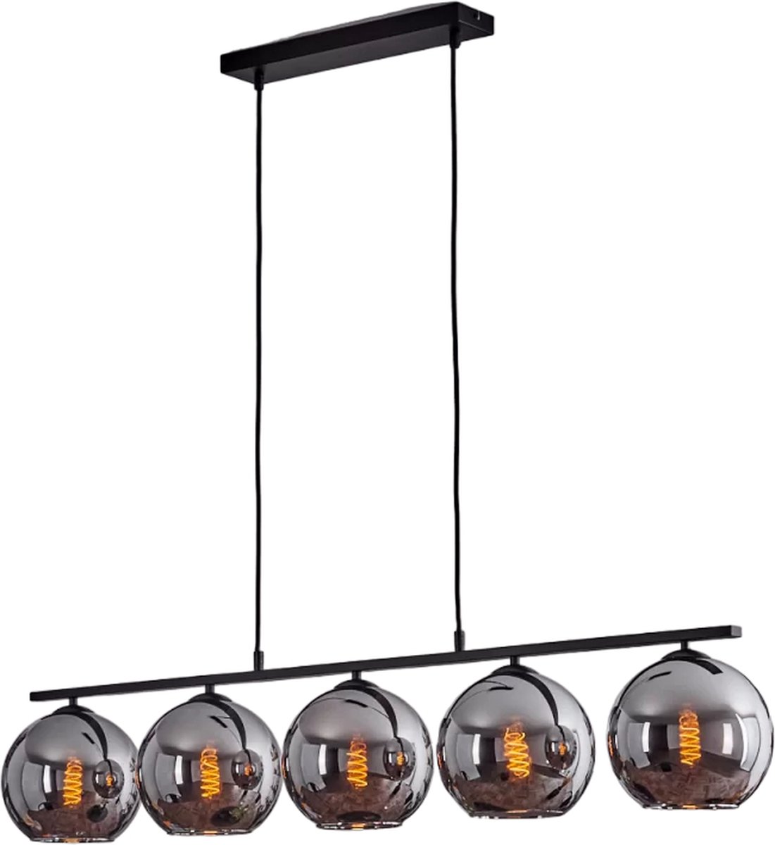 hanglamp rechthoekig woonkamer glas 20 cm chroom, gerookt, 5-lichts - Hanglamp, hanglamp van metaal - glas in zwart - rookkleur in vintage design, hanglamp met kappen van echt glas (Ø 20 cm), hoogte max. 117 cm, 5 x E27,