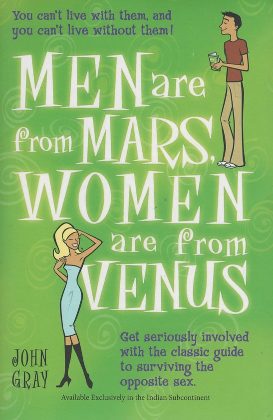 Boek "Mannen komen van Mars, vrouwen van Venus" met illustraties van een man en een vrouw.