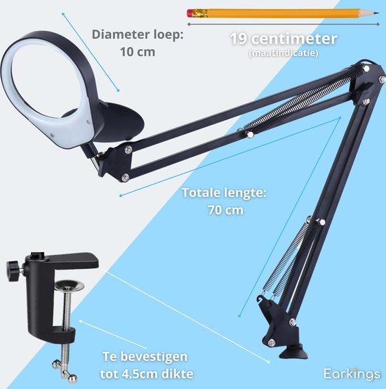 Zwarte loeplamp met 10 cm diameter, 70 cm totale lengte en een klem voor tot 4,5 cm dikte.