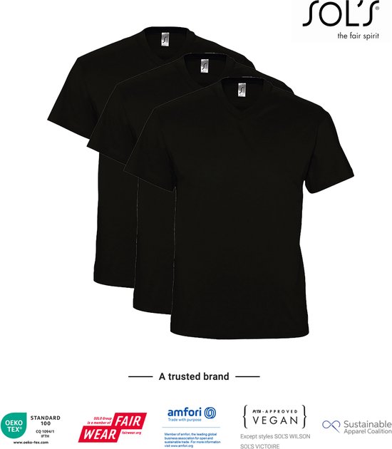 3 Pack SOLS V-hals, Heren T-Shirt 100% katoen V-hals, Zwart, Maat S