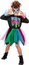 Wilbers & Wilbers - Spook & Skelet Kostuum - Trek In Een Kleurig Hapje Skelet - Meisje - Blauw, Groen, Roze, Zwart - Maat 152 - Halloween - Verkleedkleding