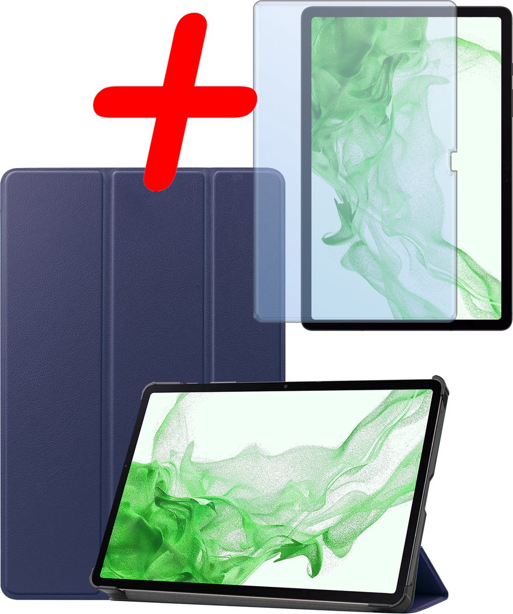 Hoesje Geschikt voor Samsung Galaxy Tab S9 Plus - Met Screenprotector - Trifold Bookcase - Hard Cover Case - Met Uitsparing Geschikt voor S Pen - Hardcover Book - Tablet Hoes - Donkerblauw