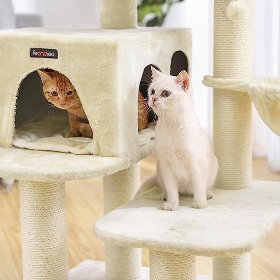 FEANDREA krabpaal met XXL uitkijkplatform, bank, grote knuffelholte, verstelbare elementen, extra dikke stammen volledig gewikkeld in sisal krabpaal, stal, lichtgrijs