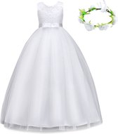 Joya Kids® Communie jurk Meisje Wit | Bruidsmeisjes jurk | Prinsessen jurk | Feestjurk + bloemenkrans | Maat 150 (146/152)