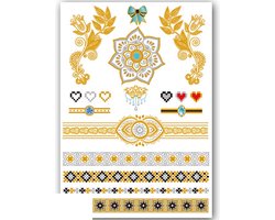 Tijdelijke Tattoo Goud Ibiza Style (A5 Formaat) (Gold Temporary Fake Tattoos - Hawaii Henna Mandala - Nep tatoeage - Kinderen Volwassenen Vrouwen/Dames)