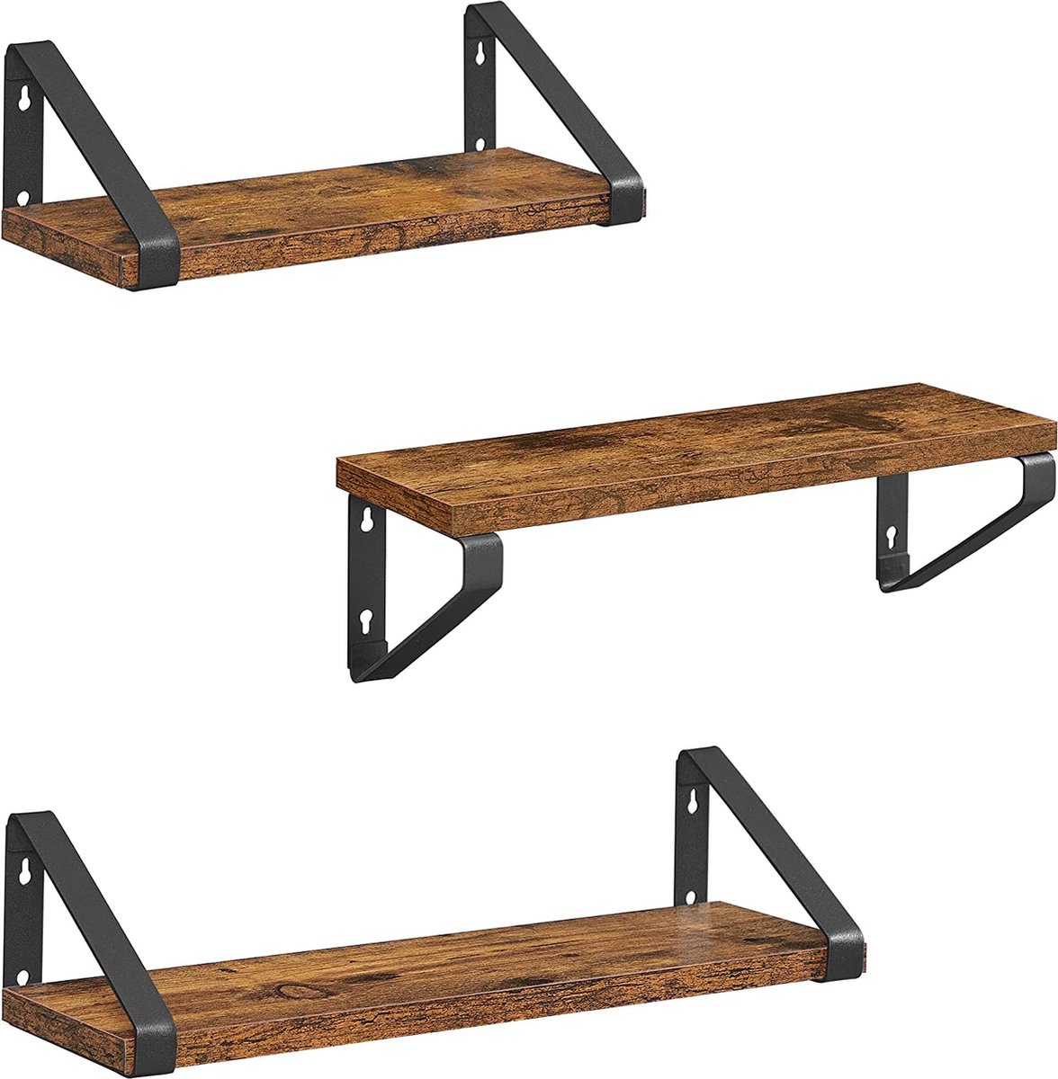 Vasagle wandplank in industrieel ontwerp, zwevende plank, set van 3, wandmontage, stabiele plank voor presentatie, voor woonkamer, badkamer, keuken, vintage LWS33BX Samengesteld hout, IJzer