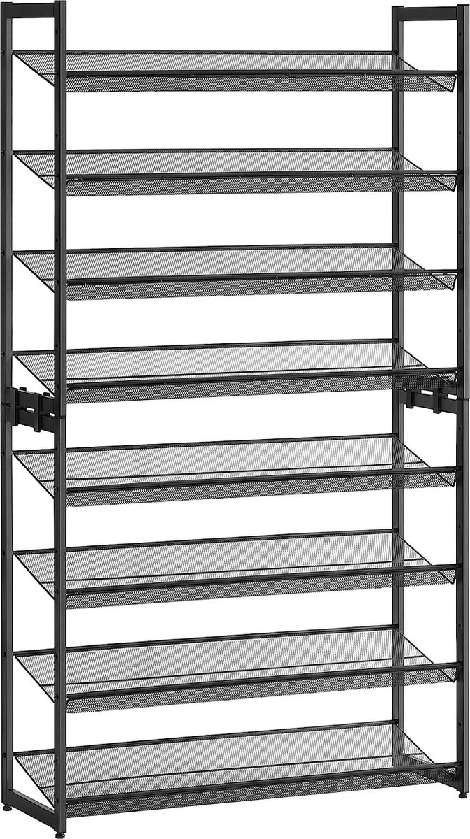 Songmics Schoenenrek met 8 niveaus, schoenenorganizer, uit 2 stapelbare 4-traps planken, voor 32 tot 40 paar schoenen, verstelbare roosterplanken, plat of schuin monteerbaar, zwart LMR08B