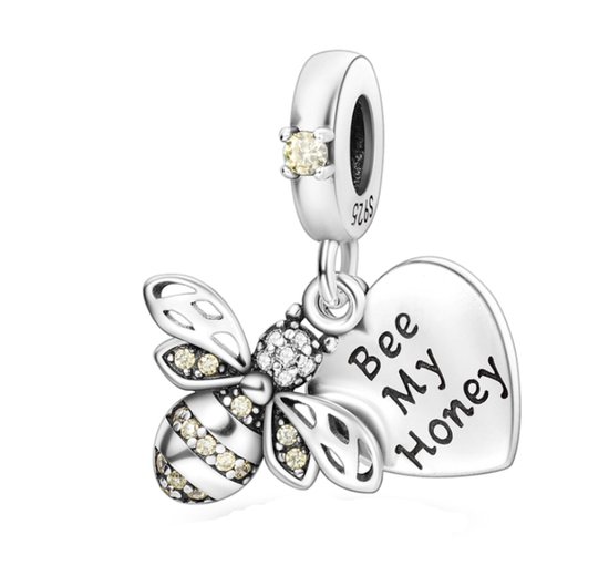 Fler® | Bedel | Past op populaire bedel armbanden (standaard-3mm) | armbandbedel | Bij met hart hanger | Bee my Honey Bedel | HangBedel Charm | 925 Sterling Zilver | Emaille zwart | Zirkonia lichtgeel | Verjaardagsgeschenk, cadeau | Valentijn kado