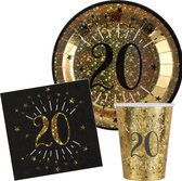 Verjaardag feest bekertjes/bordjes en servetten leeftijd - 30x - 20 jaar - goud - karton