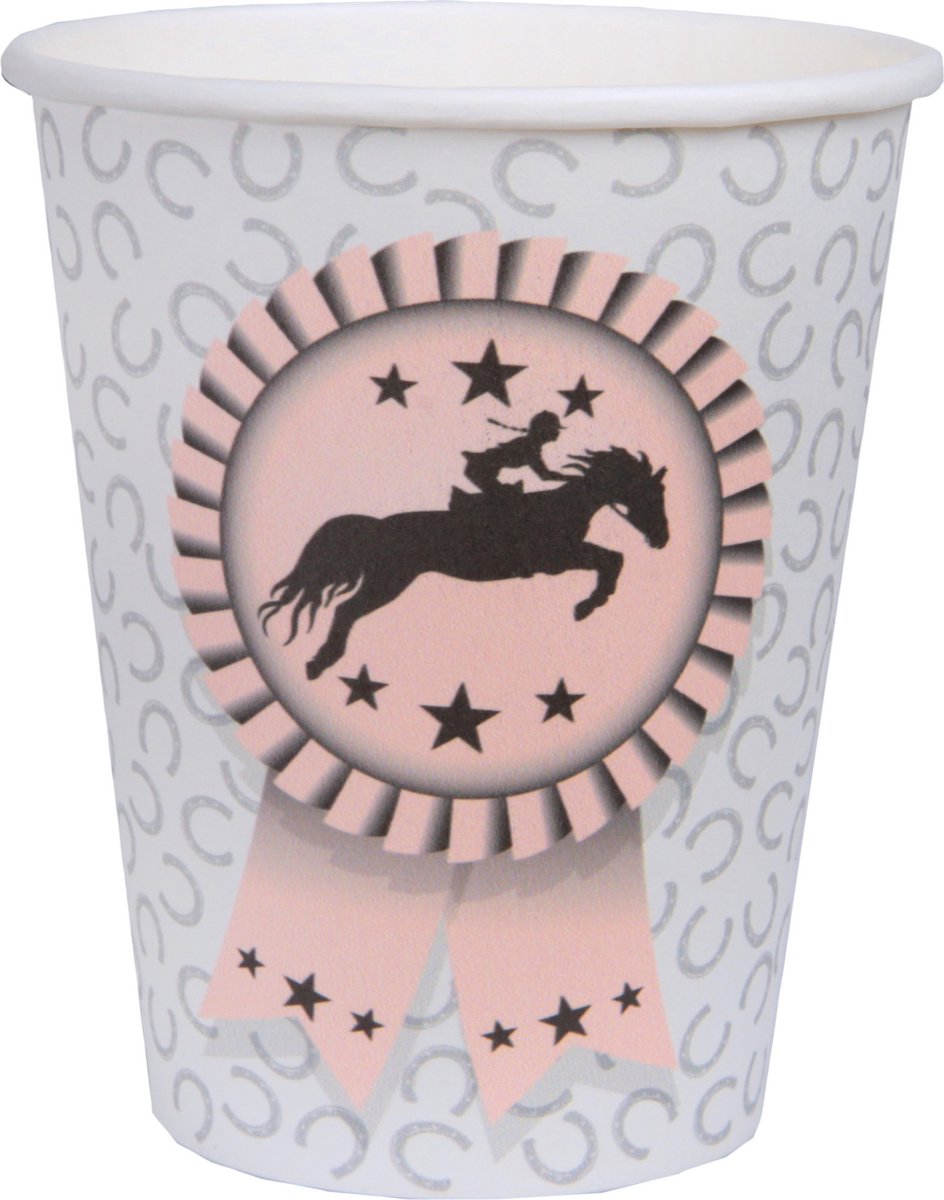 Santex feest wegwerp bekertjes - paarden - 10x stuks - 270 ml - lichtgrijs/roze - karton