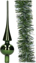 Kerstversiering glazen piek 26 cm glans - met kerstslinger 270 cm - donkergroen