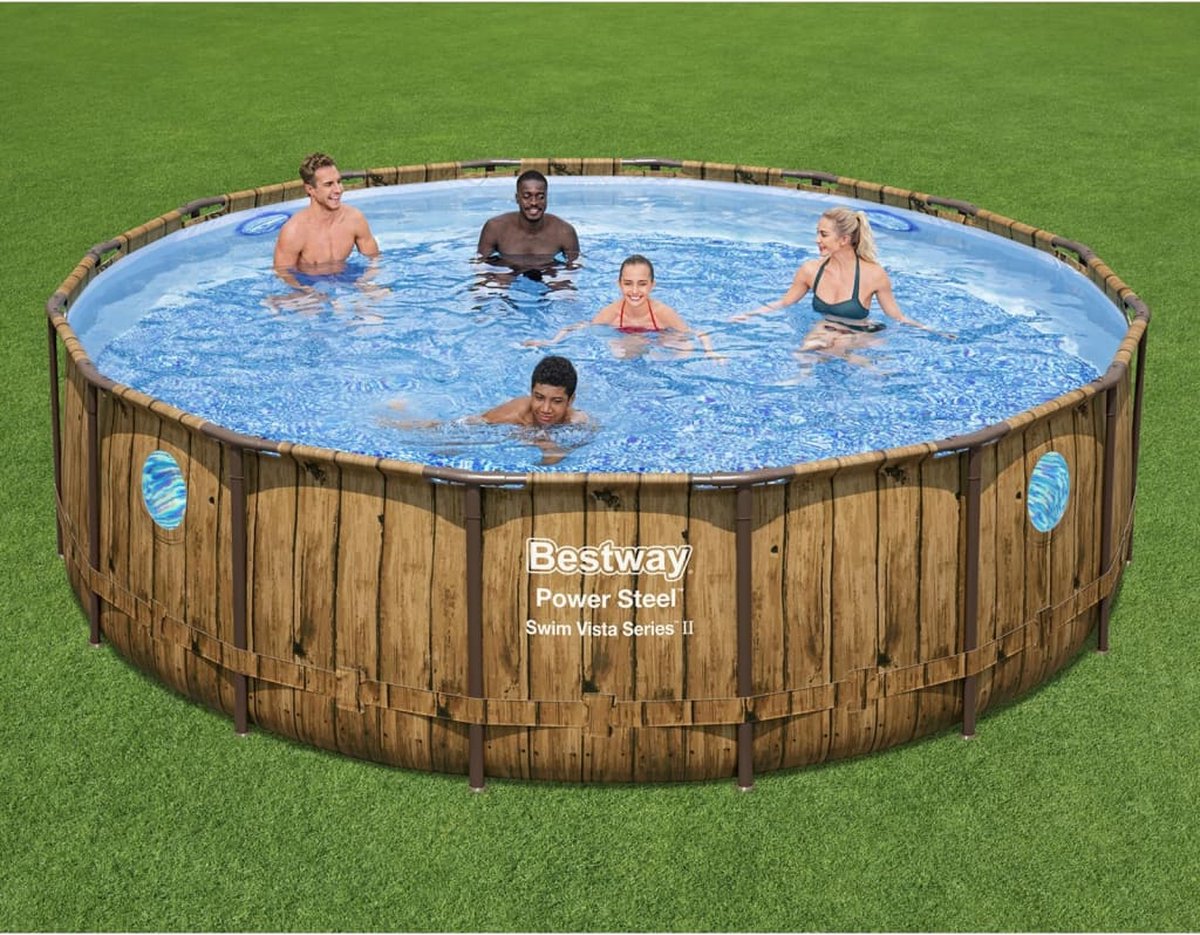 Bestway - Power Steel Swim Vista - Opzetzwembad inclusief filterpomp en accessoires - 488x122 cm - Houtprint - Rond — afbeelding 5