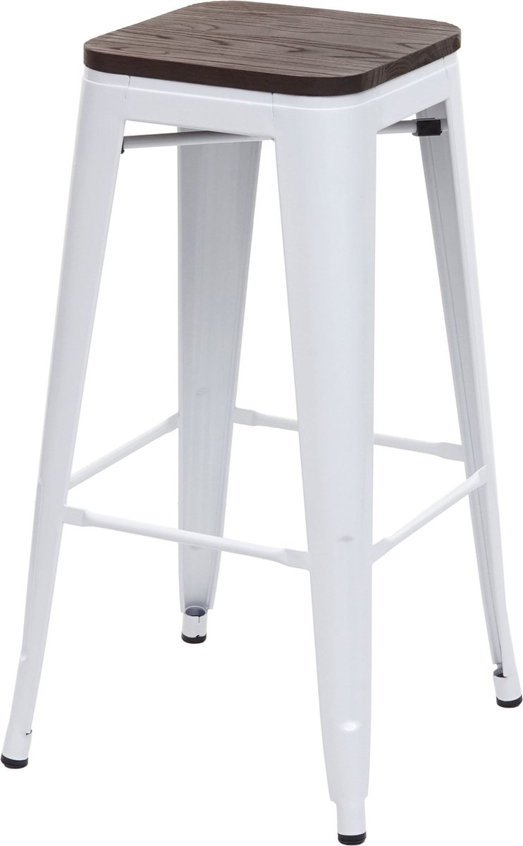 MCW Barkruk MCW-A73 incl. houten zitting, barkruk tegenkruk, metaal industrieel ontwerp stapelbaar ~ wit