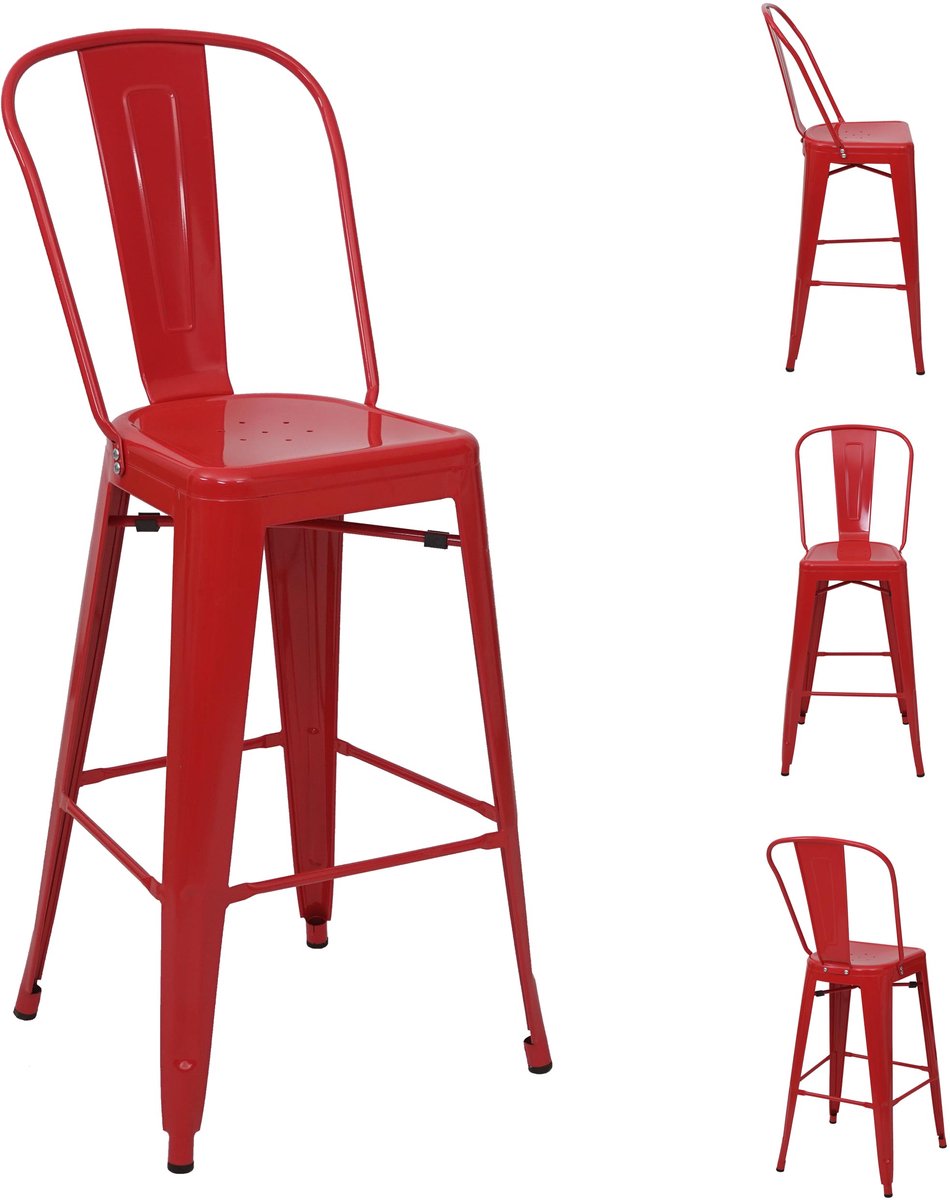 MCW Set van 4 barkrukken MCW-A73, barkruk met rugleuning, metalen industrieel ontwerp ~ rood