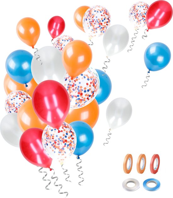 Partizzle 50x Nederland Gekleurde Confetti Helium & Latex Ballonnen - Koningsdag - WK voetbal 2022 - Holland Feestartikelen Versiering - Oranje Rood Wit Blauw