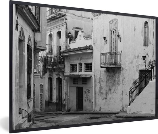 Fotolijst incl. Poster - Straat in Cuba - zwart-wit - 90x60 cm - Posterlijst