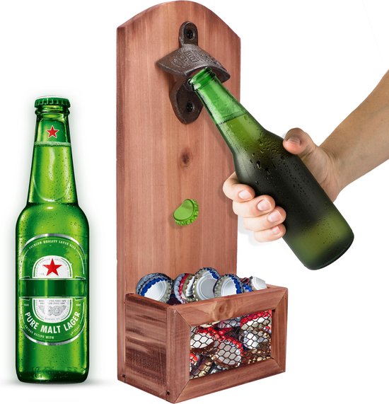 Bieropener en flesopener muur met opvangbak - Flessenopener - Wand - Hout - Opener bier - Voor binnen en buiten