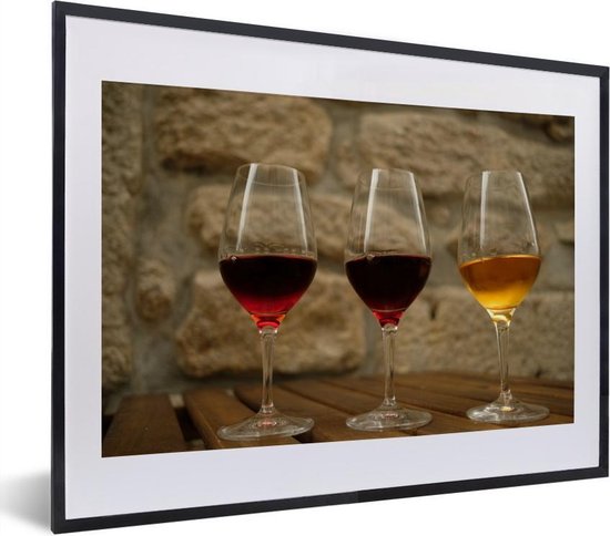 Fotolijst incl. Poster - Drie soorten Port-wijn in glazen - 40x30 cm - Posterlijst
